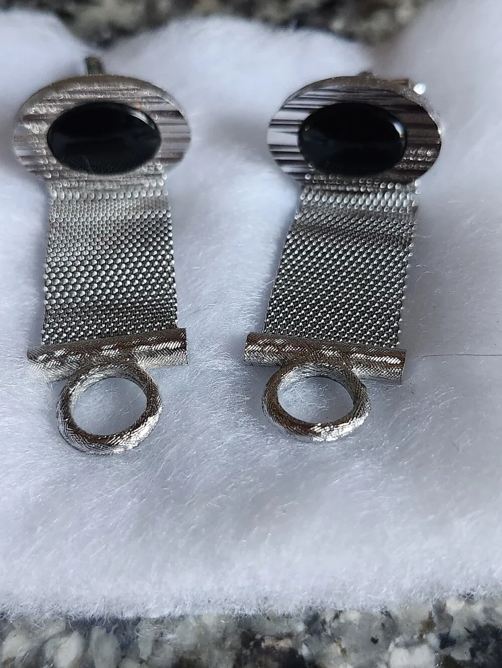 Vtg DANTE Silver Tone Mesh Cufflinks with Black Oval Inlay